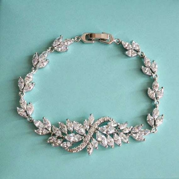 Marquise Cut Cubic Zirconia Wedding Bracelet, CZ Crystal Bridal Bracelet, Art Deco Crystal Filigree Bracelet, Link Bracelet, Tennis Bracelet