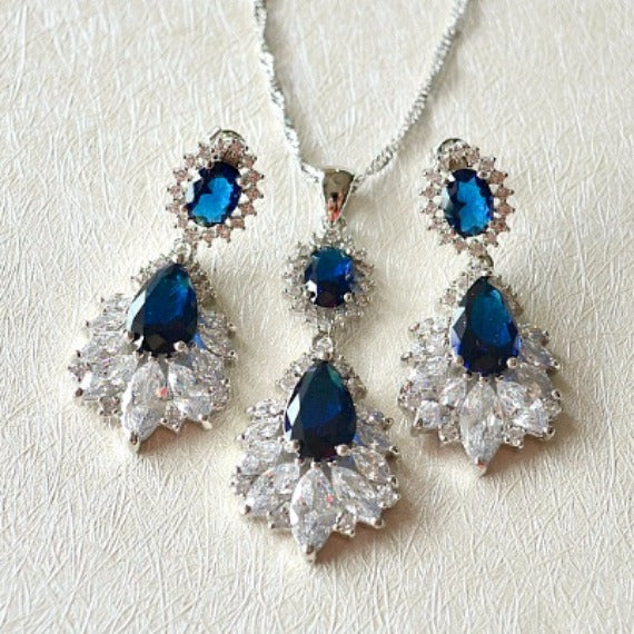 Marquise Sapphire Blue Wedding Jewelry Set. Cubic Zirconia Blue Bridal Jewelry Set. CZ Crystal Wedding Necklace Set. Bridesmaid Jewelry Set