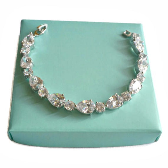 White Gold Cubic Zirconia Bridal Bracelet. CZ Teardrop Crystal Bridal Wedding Cuff Bracelet. Tennis Crystal Bracelet. Wedding Jewelry