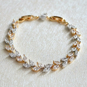 Two Tone 18K White Gold/Gold Plated Cubic Zirconia Bridal Bracelet. CZ Leaf Tennis Bracelet. Crystal Wheat Bracelet. Crystal Wedding Jewelry