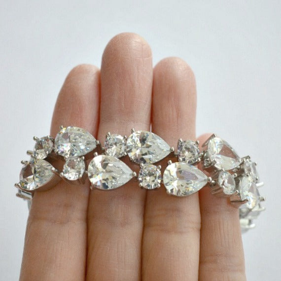 White Gold Cubic Zirconia Bridal Bracelet. CZ Crystal Bridal Wedding Cuff Bracelet. Tennis Crystal Bracelet. Silver Wedding Jewelry