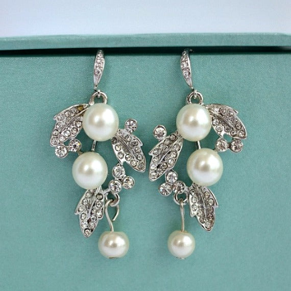 Floral Vine Leaves Rhinestone Pearl Wedding Jewelry Set. Bridal Pearl Jewelry Set. Wedding Earrings And Necklace Set. Bridesmaid Set.