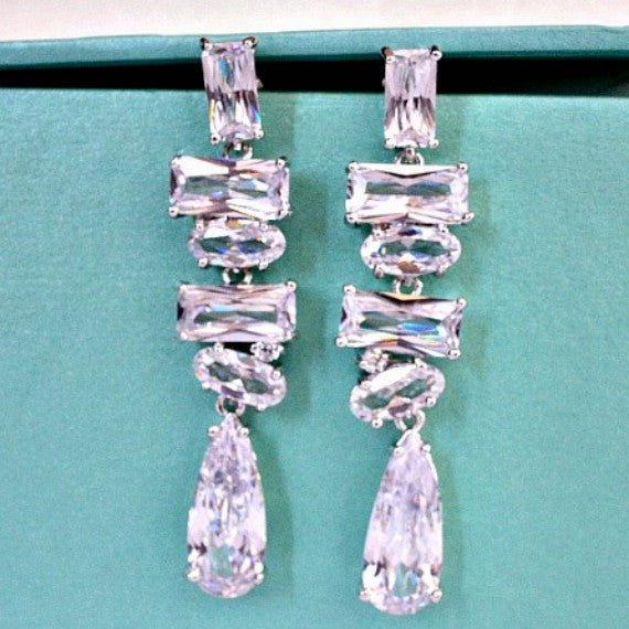 Geometric Cubic Zirconia Bridal Earrings, Multistone Crystal Chandelier Wedding Earrings, Crystal Dangle Earrings, CZ Bridal Jewelry