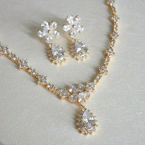 Floral Gold Cubic Zirconia Bridal Jewelry Set. CZ Teardrop Crystal Necklace Earrings Set. Gold Wedding Jewelry Set.