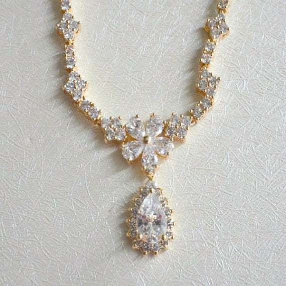 Floral Gold Cubic Zirconia Bridal Jewelry Set. CZ Teardrop Crystal Necklace Earrings Set. Gold Wedding Jewelry Set.