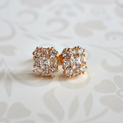 Gold Cubic Zirconia Square Stud Earrings, Crystal Stud Wedding Earrings, Gold Wedding Studs, Gold Stud Earrings, CZ Bridal Stud Earrings