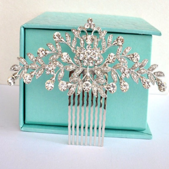 Vintage Sapphire Bridal Hair Comb 1920s Art Deco Navy Blue Rhinestone  Silver Pave Crystal Brooch to Headpiece Head Piece Wedding Jewelry 