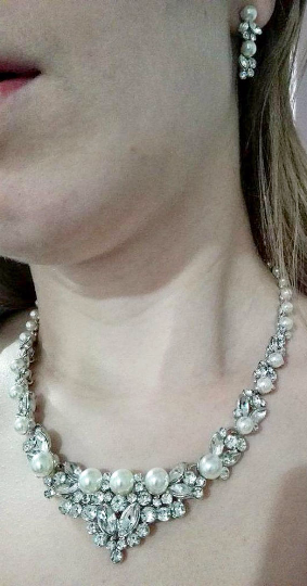Pearl Rhinestone Bridal Jewelry Set. Wedding Jewelry Set. Pearl Crystal Wedding Necklace Earrings Set. Vintage Wedding Jewelry.