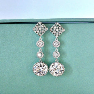 Long Bridal Earrings. Long Round Cubic Zirconia Diamond Shape Post Earrings. Bridal Drop Dangle Wedding Earrings. Bridesmaid Earrings