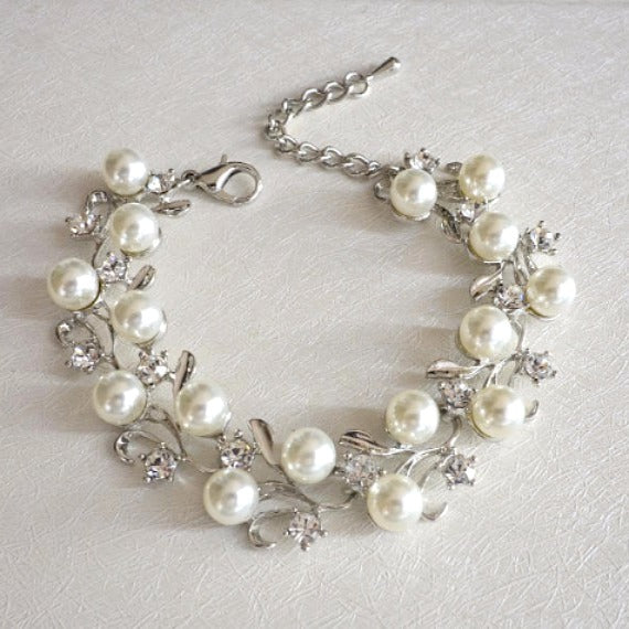 Vine Pearl Bridal Bracelet, Rhinestone Crystal Leaves Woodland Wedding Bracelet, Pearl Wedding Bracelet, Grecian Crystal Leaf Bracelet.