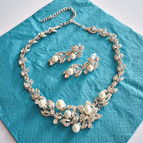 Floral Leaves Pearl Rhinestone Bridal Jewelry Set. Wedding Jewelry Set. Pearl Crystal Wedding Necklace Earrings Set. Vintage Wedding Jewelry