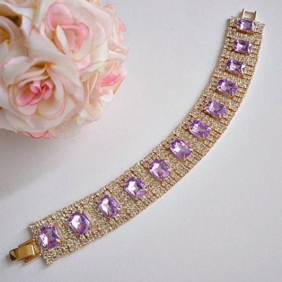 Lavender Rhinestone Bridal Bracelet. Lilac Wedding Bracelet. Purple Wedding Link Bracelet. Purple Wedding Tennis Bracelet. Bridesmaid Gift.