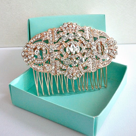 Rose Gold Art Deco Old Hollywood Great Gatsby Bridal Hair Comb. Vintage Style Wedding Headpiece. Rhinestone Crystal Bridal Hair Comb.