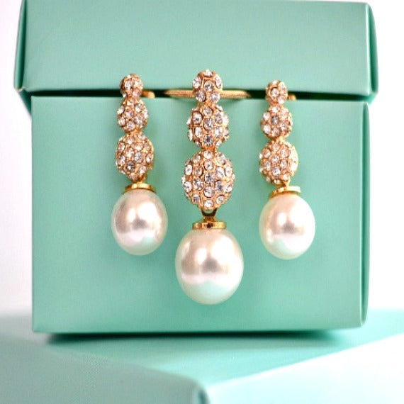 Rhinestone Pearl Bridal Jewelry Set. Deco Crystal Pearl Drop Wedding Jewelry Set. Pearl Earrings And Necklace Bridal Set. Bridesmaid Gift.