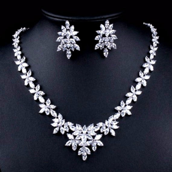 Art Deco Floral Leaves Cubic Zirconia Wedding Jewelry Set, CZ Crystal Bridal Jewelry Set, Wedding Necklace Set, Crystal Necklace Earring Set