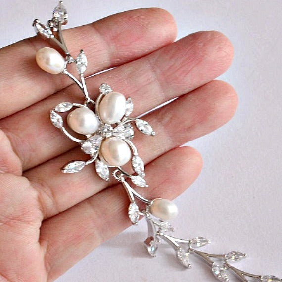 Bridal Wedding Bracelet. Art Deco Freshwater Pearl Flower Crystal Silver Leaf Bracelet. Grecian Victorian Vintage Crystal Bracelet.