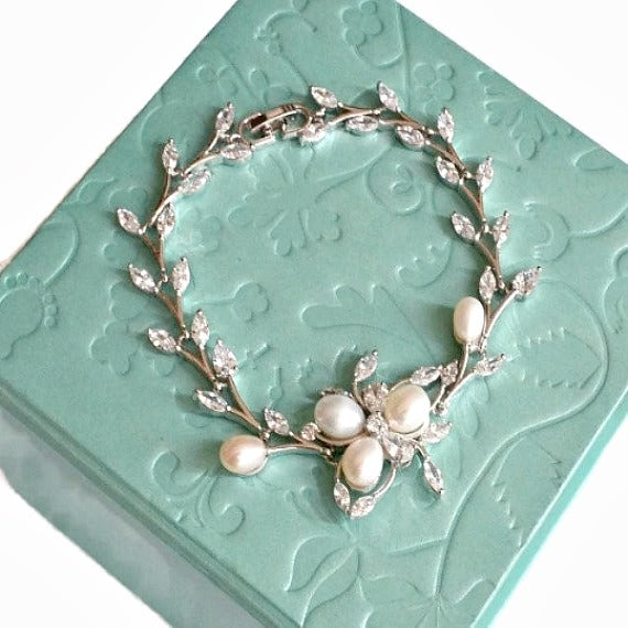 Bridal Wedding Bracelet. Art Deco Freshwater Pearl Flower Crystal Silver Leaf Bracelet. Grecian Victorian Vintage Crystal Bracelet.