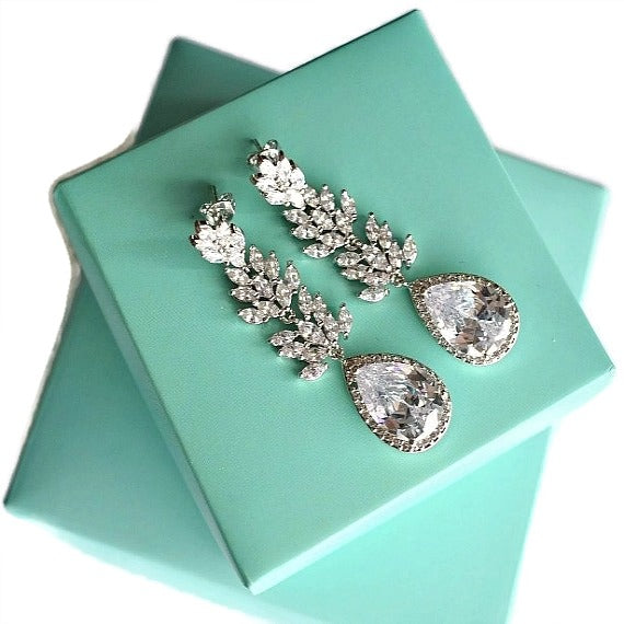 Long Crystal Teardrop Wedding Earrings. Cubic Zirconia Leaf Bridal Earrings. Long Dangle Drop Statement Chandelier Earrings. Wedding Jewelry
