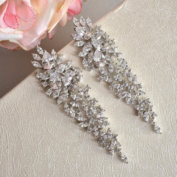 Long Crystal Chandelier Earrings, Art Deco CZ Cluster Wedding Earrings, Long Cubic Zirconia Bridal Earrings, Wedding Jewelry