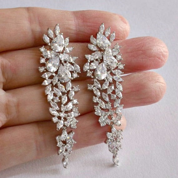 Long Crystal Chandelier Earrings, Art Deco CZ Cluster Wedding Earrings, Long Cubic Zirconia Bridal Earrings, Wedding Jewelry