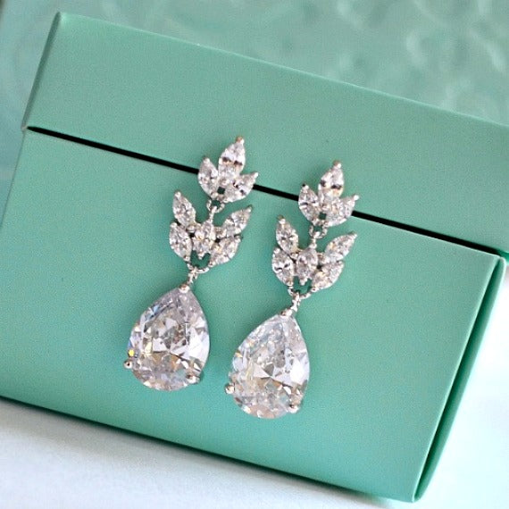 crystal leaves wedding earrings