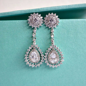 CZ Art Deco Teardrop Chandelier Bridal Earrings. Cubic Zirconia Crystal Halo Sunburst Pageant Long Dangle Wedding Earrings. Wedding Jewelry