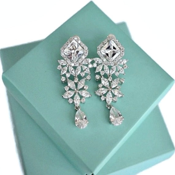 White Gold Flower Cubic Zirconia Crystal Earrings. Chandelier Wedding Earrings. Wedding Jewelry. Bridesmaid Earrings. Bridesmaid Gift.