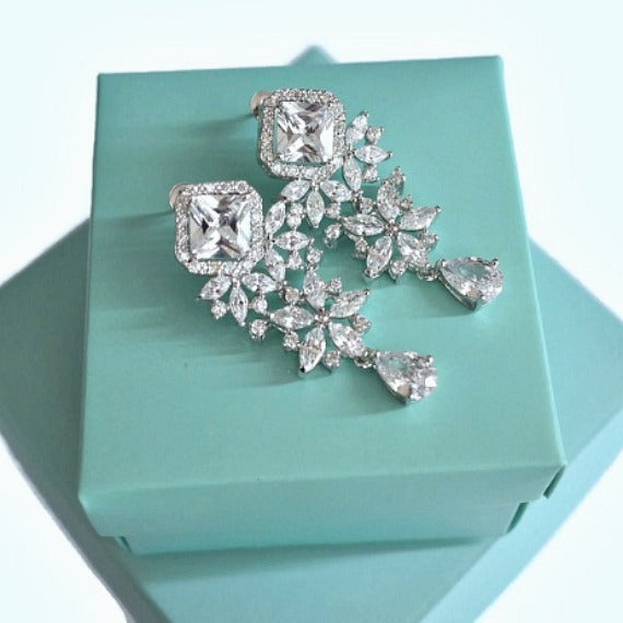 White Gold Flower Cubic Zirconia Crystal Earrings. Chandelier Wedding Earrings. Wedding Jewelry. Bridesmaid Earrings. Bridesmaid Gift.