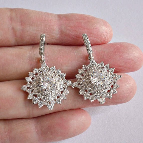 Diamond Shape Cubic Zirconia Cluster Wedding Earrings. Kite Bridal Crystal Drop Earrings. CZ Crystal Bridal Earrings. Bridesmaids Earrings