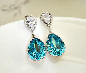 Light Turquoise Swarovski Crystal Teardrop Matte Rhodium Plated Cubic Zirconia Bridal Earrings. Bridemaids Earrings. Bridal Wedding Jewelry
