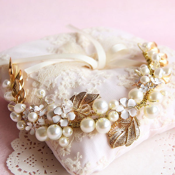 Vintage Gold Floral Leaves Bridal Hair Vine, Pearl Crystal Wedding Headpiece, Bridal Hairpiece Wreath, Bridal Headdress Hair Crown Tiara