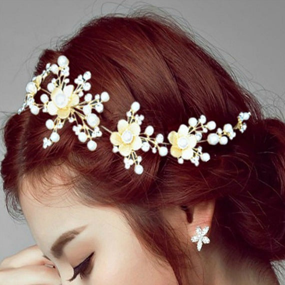 Gold Crystal Pearl Floral Wedding Hair Vine, Bridal Headpiece, Gold Wedding Hairpiece, Wedding Hair Accessory, Bridal Headdress