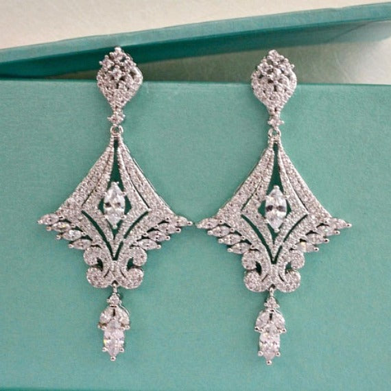 Silver Art Deco Chandelier Wedding Earrings, CZ Crystal Bridal Earrings, Vintage Style Art Nouveau Crystal Drop Wedding Earrings
