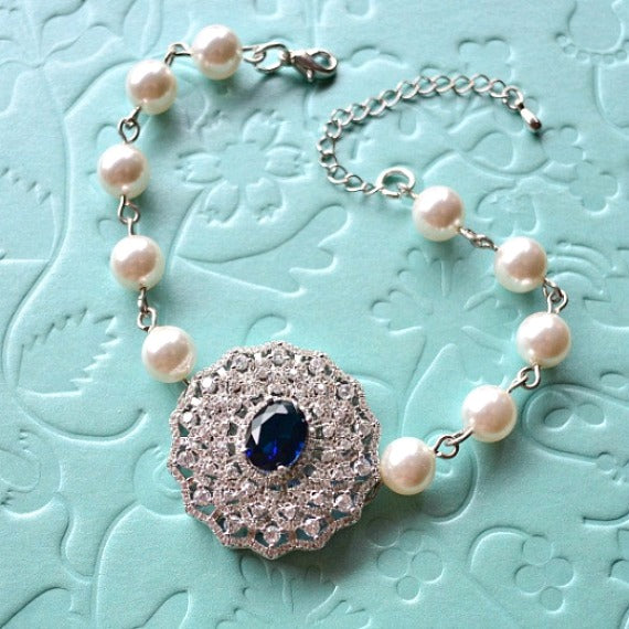 blue sapphire crystal swarovski pearls bridal bracelet