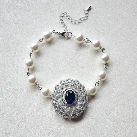 blue sapphire crystal swarovski pearls wedding bracelet