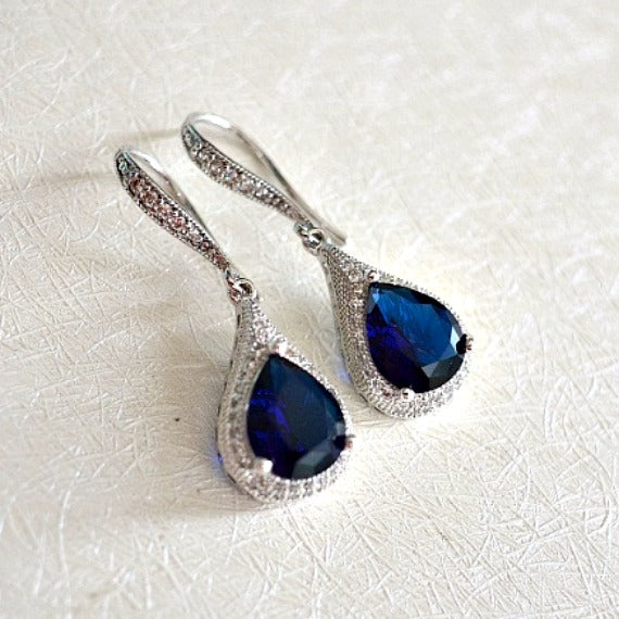 Dark Sapphire Blue CZ Bridal Earrings. Micro Pave Cubic Zirconia Sapphire Drop Hook Earrings. Blue Wedding. Bridesmaids Earrings.