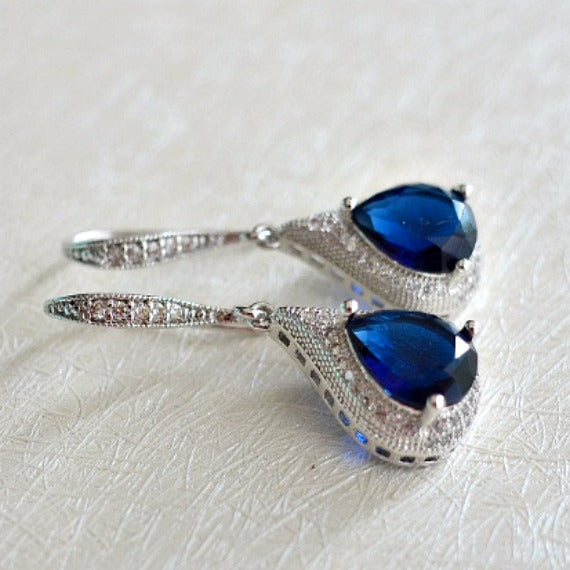 Dark Sapphire Blue CZ Bridal Earrings. Micro Pave Cubic Zirconia Sapphire Drop Hook Earrings. Blue Wedding. Bridesmaids Earrings.