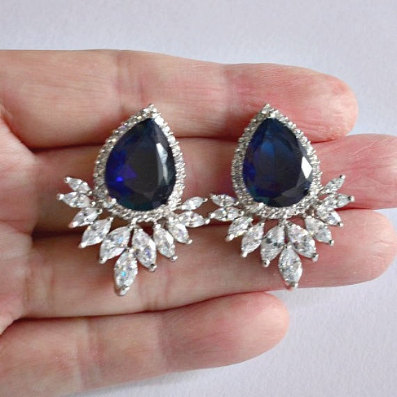 blue CZ crystal teardrop marquise wedding stud earrings