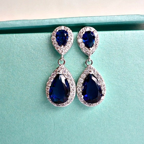 blue sapphire teardrop bridal earrings