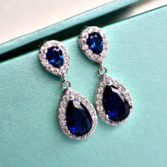 navy blue sapphire CZ crystal wedding earrings