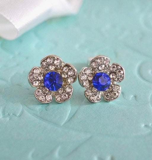 Sapphire Blue Crystal Wedding Stud Earrings, Flower Stud Earrings, Bridal Stud Earrings, Blue Wedding Earrings, Bridesmaid Earrings