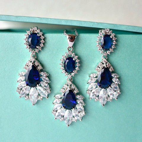 Marquise Sapphire Blue Wedding Jewelry Set. Cubic Zirconia Blue Bridal Jewelry Set. CZ Crystal Wedding Necklace Set. Bridesmaid Jewelry Set