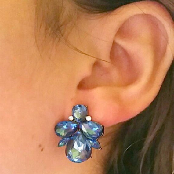 blue crystal cluster stud prom earrings