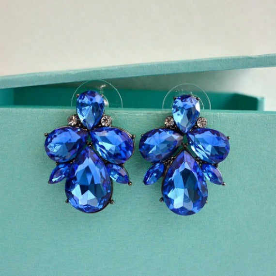 blue sapphire crystal cluster bridal earrings