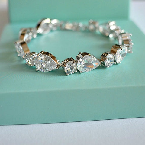 White Gold Cubic Zirconia Bridal Bracelet. CZ Teardrop Crystal Bridal Wedding Cuff Bracelet. Tennis Crystal Bracelet. Wedding Jewelry