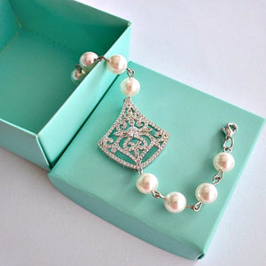 Rhombus Crystal Filigree Swarovski Pearls Bridal Bracelet. Art Deco Vintage Style Kite Shape Crystal Pendant Wedding Bracelet.