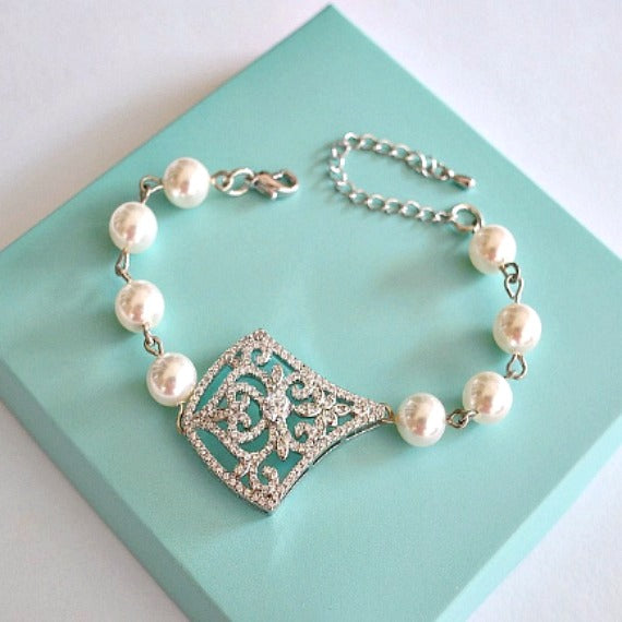 Rhombus Crystal Filigree Swarovski Pearls Bridal Bracelet. Art Deco Vintage Style Kite Shape Crystal Pendant Wedding Bracelet.