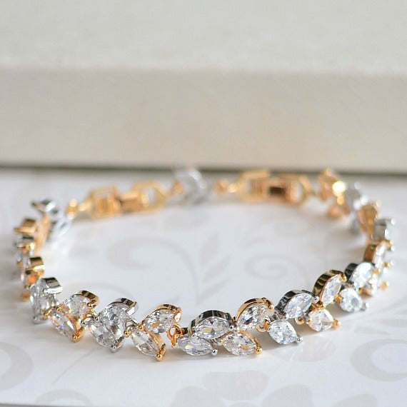 Two Tone 18K White Gold/Gold Plated Cubic Zirconia Bridal Bracelet. CZ Leaf Tennis Bracelet. Crystal Wheat Bracelet. Crystal Wedding Jewelry