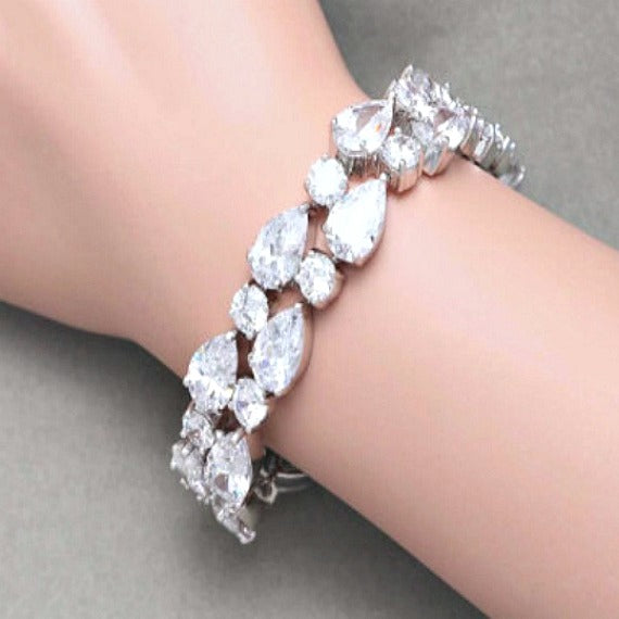 White Gold Cubic Zirconia Bridal Bracelet. CZ Crystal Bridal Wedding Cuff Bracelet. Tennis Crystal Bracelet. Silver Wedding Jewelry