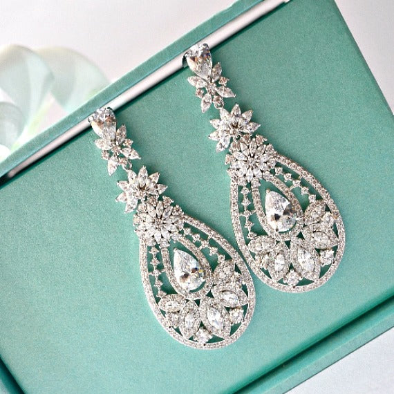 Floral Art Deco Cubic Zirconia Crystal Chandelier Bridal Earrings, Vintage Inspired Statement Wedding Earrings, Bridal Wedding Jewelry
